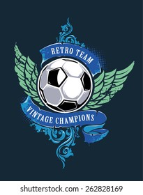 Grunge illustration of soccer ball with wings, ribbons and floral ornament. Vector art.