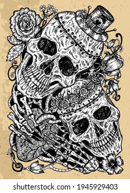 Grunge illustration with two skulls of lovers holding heart, decorated with flowers. Mystic background for Halloween, esoteric, gothic, heavy metal or occult concept, tattoo sketch