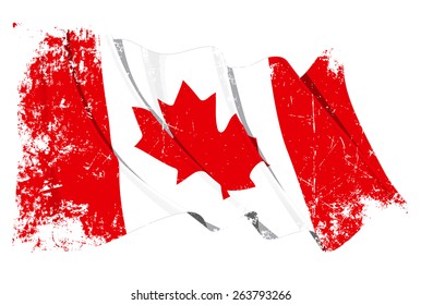 Grunge illustration of a waving Canadian flag against white background, with clipping path