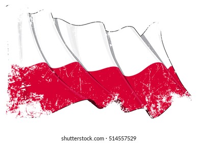 Grunge illustration of a Waving Polish National (without the eagle crest) Flag. All elements neatly organized. Texture, Lines, Shading & Flag Colors on separate layers for easy editing.