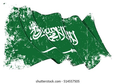 Grunge illustration of a Waving Saudi Arabian Flag. All elements neatly organized. Texture, Lines, Shading & Flag Colors on separate layers for easy editing.