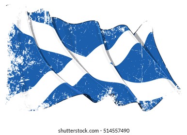 Grunge illustration of a waving Scottish flag. All elements neatly organized. Texture, Lines, Shading & Flag Colors on separate layers for easy editing.