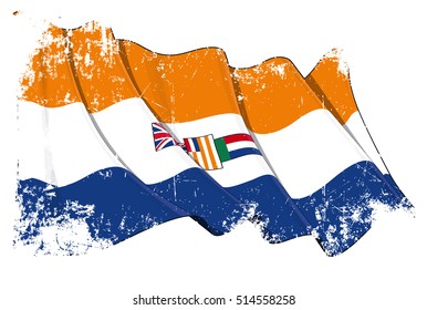 Grunge illustration of a waving South African flag, during the apartheid period. All elements neatly organized. Texture, Lines, Shading & Flag Colors on separate layers for easy editing.