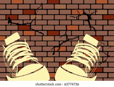 Grunge illustration of a weathered wall and sneakers