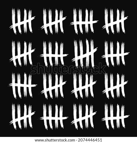 Grunge image. White tally marks number day count in prison wall. Black textured pattern. Vector illustration. 