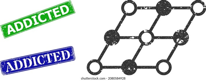 Icono de rejilla inclinada gruesa y sello de sello de precinto adicionado de textura rectangular. Marcas de agua adscritas y azules de color verde vectorial con textura de caucho grueso, diseñadas para ilustración de rejilla inclinada.