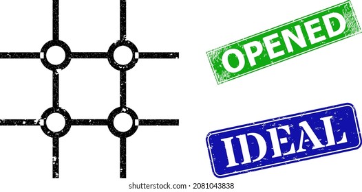 Grunge incomplete square grid icon and rectangle scratched Opened stamp. Vector green Opened and blue Ideal seals with grunge rubber texture, designed for incomplete square grid illustration.