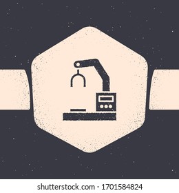 Grunge Industrial machine robotic robot arm hand factory icon isolated on grey background. Industrial robot manipulator. Monochrome vintage drawing. Vector Illustration