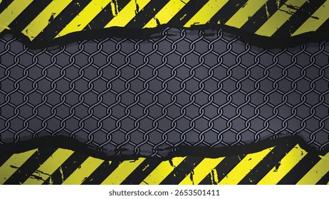 Vetor industrial grunge com malha de cadeia preta e listras de perigo amarelas. Perfeito para avisos, construção ou temas tecnológicos.