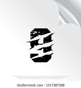 grunge initial number 9 icon, scratch effect. modern template logo design