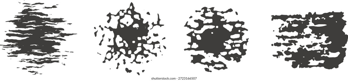 Conjunto de textura de manchas de tinta grunge con manchas de salpicaduras ásperas y bordes agrietados. Las marcas abstractas negras de la pintura aisladas en blanco crean una mirada orgánica angustiada. Ideal para el diseño grunge, superposiciones, carteles y fondos artísticos.