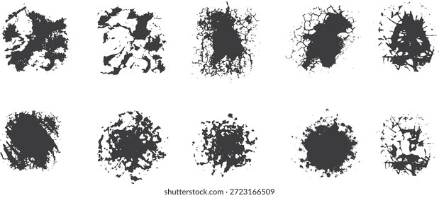 Grunge Tintenfleck Textur Set mit rauen Schmutzflecken und Rissen Kanten. Schwarze abstrakte Farbmarkierungen, einzeln auf Weiß, erzeugen einen gestressten organischen Look. Ideal für Grunge-Design, Overlays, Poster und künstlerische Hintergründe.
