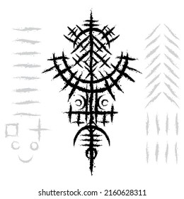 Grunge ink blots abstract old Icelandic symbol. Viking sign of strenght and glory. Brushed circle design element