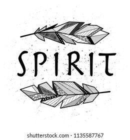 Grunge ink blots background with abstract tribal feathers and text