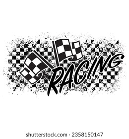 Grunge ink blots checkered flag background with sports flags and racing text