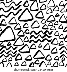 Grunge ink brush circles seamless black and white pattern. Vector illustration.