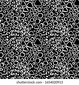 Grunge ink brush circles seamless black and white pattern. Vector illustration.