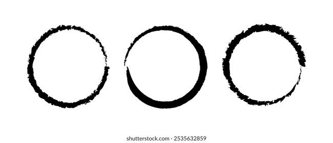 Grunge ink brush round border style vector illustration isolated on clear background. Set black paint brush stroke circles.