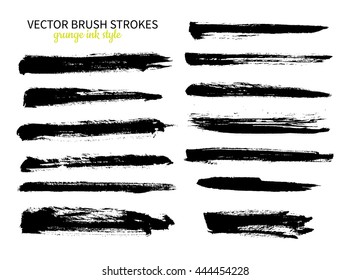 Grunge Ink Brush Stroke Set. Abstract Freehand Strokes. Isolated Dry Brush Black Smears. Modern Design Elements.