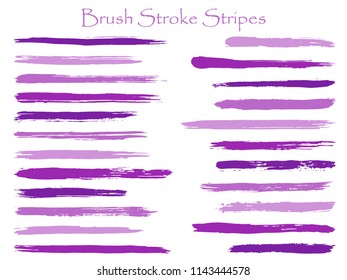 Grunge ink brush stroke stripes vector set, violet horizontal marker or paintbrush lines patch. Hand drawn watercolor paint brushes, smudge strokes collection. Interior colors guide book elements.