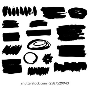 Grunge ink brush strokes elements. Black paint brush, stroke, line, grunge. Dirty textures of banners, boxes, frames and design elements. 