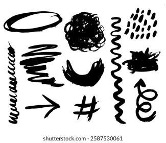 Grunge ink brush strokes elements. Black paint brush, stroke, line, grunge. Dirty textures of banners, boxes, frames and design elements. Black grunge brush stroke ink template collection. 
