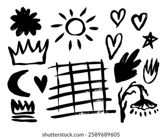 Grunge ink brush strokes elements. Black paint brush, stroke, line, grunge.Crown, sun, flower, heart, cloud, moon doodle collage elements. Black grunge brush stroke ink template collection. 