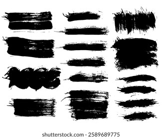 Grunge ink brush strokes elements. Black paint brush, stroke, line, grunge. Dirty textures of banners, boxes, frames and design elements. Black grunge brush stroke ink template collection. 
