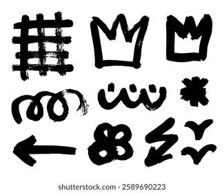 Grunge ink brush strokes elements. Black paint brush, stroke, line, grunge. freehand drawing doodle. artistic dirty. Black grunge brush stroke ink template collection. Vector black paint