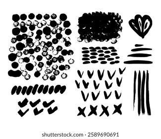 Grunge ink brush strokes elements. Black paint brush, stroke, line, grunge. Dirty textures of banners, boxes, frames and design elements. Black grunge brush stroke ink template collection. 
