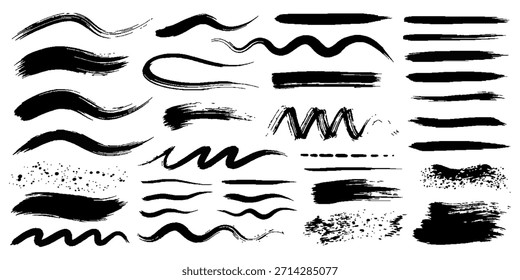Pincel de tinta Grunge pinta Elementos. Pincel de pintura negra, trazo, línea, grunge. Texturas sucias de Anuncios, cajas, marcos y Elementos de diseño. Ilustración de Vector