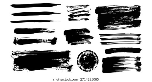 Pincel de tinta Grunge pinta Elementos. Pincel de pintura negra, trazo, línea, grunge. Texturas sucias de Anuncios, cajas, marcos y Elementos de diseño. Colección de Plantilla de tinta de trazo de pincel grunge negro.