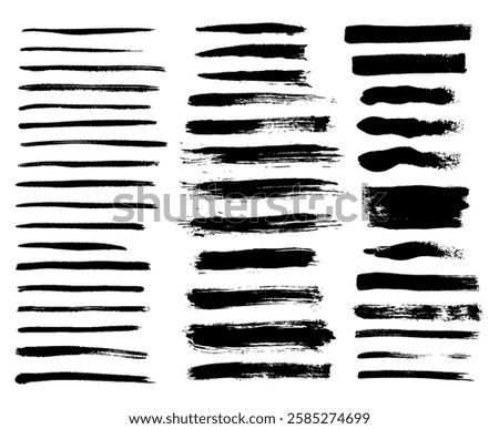 Grunge ink brush strokes elements. Black paint brush, stroke, line, grunge. Dirty textures of banners, boxes, frames and design elements. Black grunge brush stroke ink template collection.
