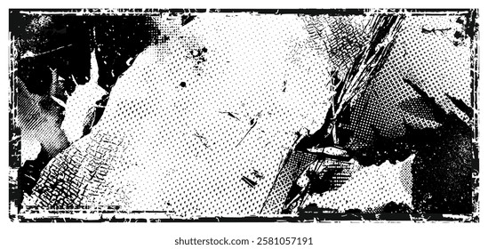 Grunge ink brush strokes and halftone texture – abstract brutalist vector artwork.