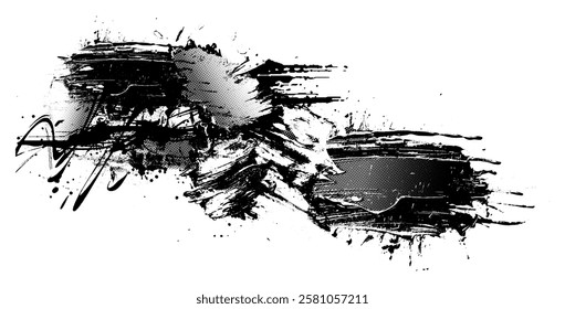 Grunge ink brush strokes and halftone texture – abstract brutalist vector artwork.