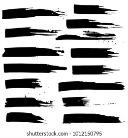 Grunge ink brush strokes set. Freehand black brushes. Handdrawn dry brush black smears. Modern vector illustration.