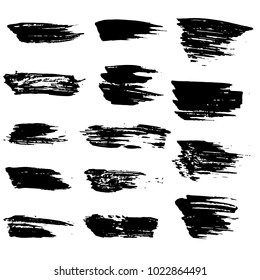 Grunge ink brush strokes set. Freehand black brushes. Handdrawn dry brush black smears. Modern vector illustration.