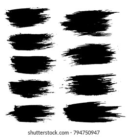 Grunge ink brush strokes set. Freehand black brushes. Handdrawn dry brush black smears. Modern vector illustration.