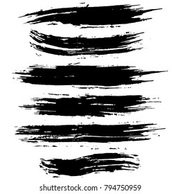 Grunge ink brush strokes set. Freehand black brushes. Handdrawn dry brush black smears. Modern vector illustration.