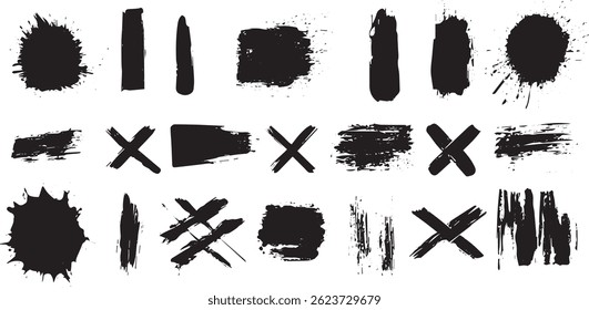 Grunge Ink Brush Strokes and X Marks, Paint Texture Vector Set