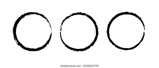 Grunge ink brushcircle style vector illustration isolated on clear background. Set of black paint brush stroke borders.