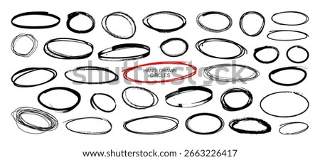 Grunge and ink circles, ovals, and ellipses for accent and callout. Hand-drawn brush and pen styles with circular frames and creative outline shapes. Circle and oval elements for design use. Vector