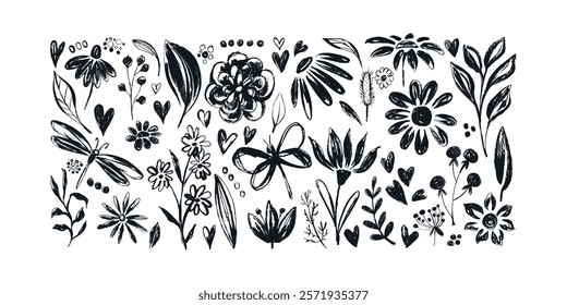 Grunge Ink Floral Banner with Cute Hand Drawn Herbs and Insects. Botanical design elements isolated on white background
