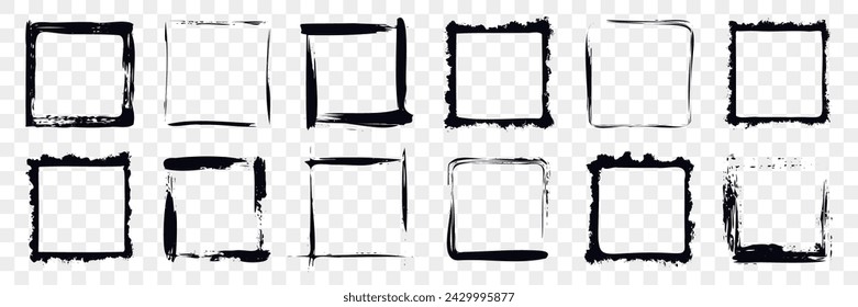 Colección de marcos de tinta Grunge. Conjunto de marcos de grunge de tinta rectangular, bordes. Marcos de grunge con manchas de pintura negra, salpicaduras de tinta