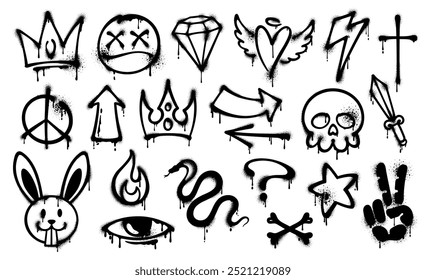 Grunge ink graffiti spray paint icons. Vector set of black urban and street culture elements. Snake, skull, crown and rabbit head, lightning bolt, question mark and winged heart. Eye, diamond, cross