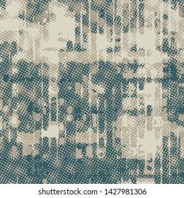 Grunge ink halftone circles and dots background vector backdrop illustration with a messy paint style in green and tan colors