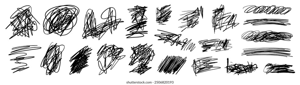 Grunge ink hand drawn lines, scrawls, messy crayon scribbles, rough brush charcoal pen strokes, underlines strikethroughs. Bold doodle freehand brush strokes or signatures. Vector illustration