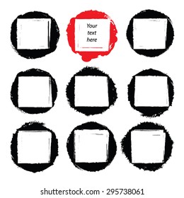 Grunge ink hand-drawn black circles, white squares stamp. Set of vector frames. Paint by brush strokes. Ink blot. Watercolor splashes. Vector borders, design elements. Eps 8.