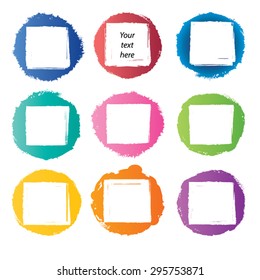 Grunge ink hand-drawn frame set - grunge paint squares in circles Watercolor blot and stamp. Collection of simple design element. Eps 8.