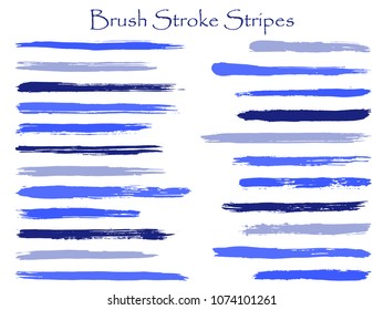 Grunge ink indigo brush stroke stripes vector set, horizontal marker or paintbrush lines patch. Hand drawn watercolor paint brushes, smudge strokes collection. Interior colors scheme samples.